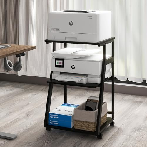 PUNCIA Supporto per Stampante a 3 Livelli 50x40x75CM Carrello Rotante con Ripiano Regolabile Scaffale per Stampante in Legno Mobile Tavolo Funzionale con Contenitore per Ufficio e Casa (Nero)