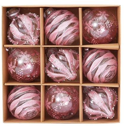 9Pcs Christmas Ball Ornaments Set, Clear Glitter Hanging Decorations, Shatterproof Baubles for Christmas Home Decoration (Pink, One Size)