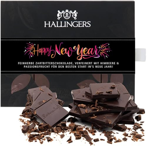 Hallingers Genuss Manufaktur Vegane Schokolade Weihnachts-Geschenk - Tafel aus handgeschöpftem Edelkakao ohne Alkohol edler Karton Happy New Year ... Himbeer-Maracuja, Weihnachten für Frauen Männer