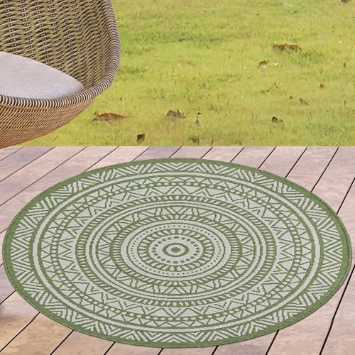 CARPETIA Indoor Outdoor Teppich Gartenteppich Terrassenteppich Outdoorteppich rund wetterfest mit modernem Mandala-Design in Grün, 120 cm Rund