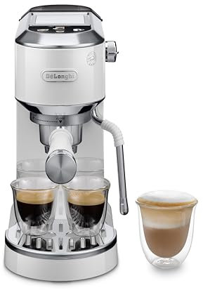 De'Longhi Dedica Duo EC890.WI, Máquina Café Barista con Bomba, Espresso y Cold Brew, Máquina Café Manual con Varilla Vapor LatteArt, 15cm Ancho, 2 Espresso, Pantalla Táctil, Tazas hasta 13cm, Blanca