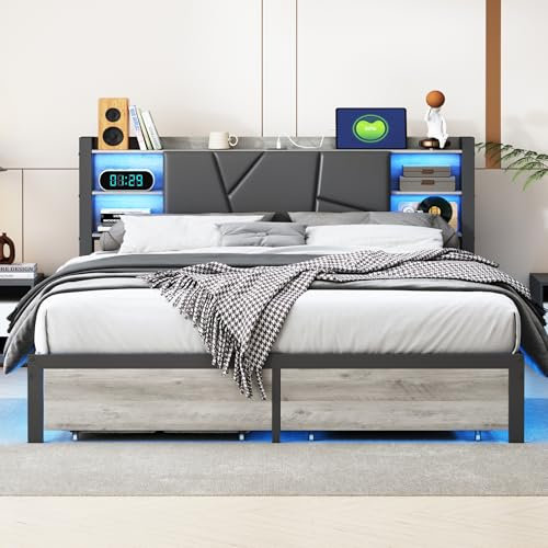 Doppelbett 180 x 200 cm, Kopfteil mit Stauraum, Schubladenbett mit LED-Licht, mit Kopfteil, USB wiederaufladbar, Doppelbett mit 2 Schubladen, Schwarz (ohne Matratze) (180 x 200 cm)