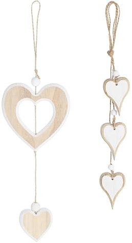 MBAIYO 2 Stück Herz Deko Holz Anhänger, Hängende Holz Dekoherz Fensterdeko Dekoanhänger Natur Weiß Holzherz Hängedeko Skulptur Dekoherz Dekohänger Geschenk für Hochzeit Wandbehang Dekoration
