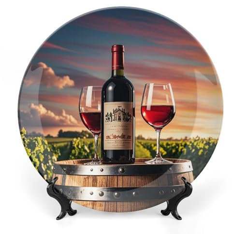 STVNKML Holz-Weinfass auf Weinflasche, dekorativer Keramikteller, personalisierter Teller aus Knochenporzellan mit abnehmbarem Ständer, Keramikornamente für Wandhalterung oder Tischdekoration, 17,8 cm