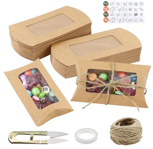 50 StüCk Kraftpapier Geschenkschachtel,Kleine Geschenkschachteln,Geschenkbox Mit Sichtfenster,Mit Danke Aufkleber,Juteschnur,FüR DIY Party Hochzeit Geschenk