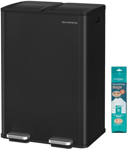 SONGMICS Cubo de Basura de Cocina, 2 x 30 L, 2 Compartimentos, Papelera de Pedal, con Tapa de Cierre Suave y Cubo Interior, Acero, Incluye 15 Bolsas de Basura, Negro Tinta LTB741B02