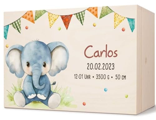 GRAVURZEILE Erinnerungskiste für Babys - Partytiere Elefant - Personalisiert mit Name & Datum - Holzkiste für Mädchen & Jungen - Geschenk für Baby zur Geburt - Erinnerungsbox für Neugeborene