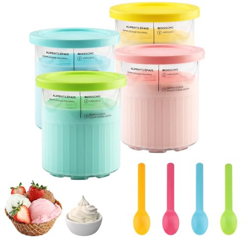 Zosenyer 4 Pièces Pot ninja Creamy Deluxe, 800ml Ninja Creamy Deluxe Accessoires pour Ninja Creami NC500 NC501 Série, Récipients à Crème Glacée, Lave-vaisselle, Rose, Vert, Jaune et Bleu