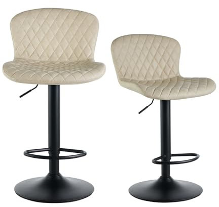 Set of 2 Adjustable Bar Stools with Backrest, 360° Swivel, Padded Seat, Faux Leather, Ideal for Kitchen, Dining Room, Bistro, Café - Beige PU Finish