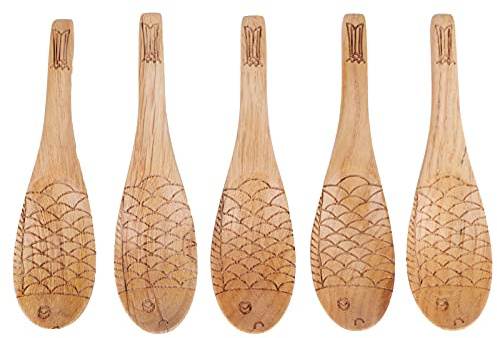 Wooden Rice Spoon Set of 5 | Fish - Shaped Carving Design | Sustainable Composite Wood Kitchen Utensils for SoupRiceServing | Safe & Gentle