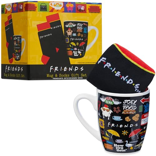 Get Trend Friends Mug & Socks Set for Women & Teens, 315ml/11oz Durable Tea & Coffee Mug with Soft Casual Calf Socks, Stocking Fillers Gifts for Her (Black AOP Friends)