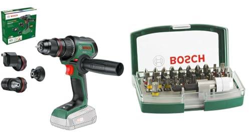 Bosch Cordless Drill Driver AdvancedDrill 18V-80 QuickSnap (for Drilling and Screwdriving; Eccentric & Angle Attachment; Auxiliary Handle; Without Battery) + 32pc. Screwdriver Bit Set