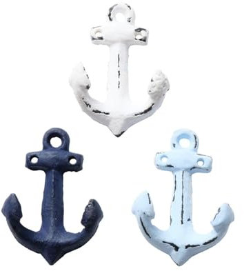 Seaside No.64 - Garderobenhaken 3er-Set Anker aus Gusseisen - Wandhaken Metallhaken Ankerhaken Schlüsselboard - Flur Badezimmer Küche Kinderzimmer - Dekoration Aufbewahrung - Vintage blau weiß