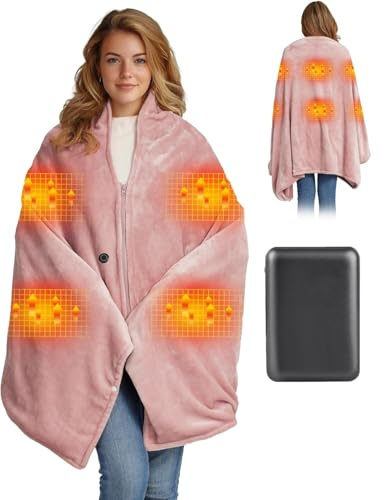 Moteoza Heizdecke Kabellos mit 10000mAh Akku, 160x90cm Elektrische Flanell Wärmedecke Tragbar für Damen & Herren, 3-Stufen-Heizung, Waschbar für Zuhause, Büro, Camping, Rosa
