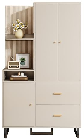 PLLBIKK Garderobenschrank, Kompaktgarderobe für Diele & Flur mit gepolsterten Paneelen und integriertem Schuhschrank, Flurgarderobe Dielenschrank Wandschrank, Beige + Grau, 110x186x38 cm