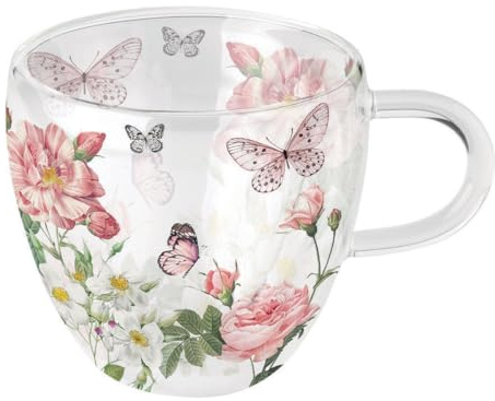 Ambiente Tasse 10cm Glas doppelwandig mit Rosen & Schmetterling Motiv - 0,2L Glastasse Glasgeschirr - Kaffeeglas Teeglas Kakaoglas - Tassen & Becher Blumenmotiv - Kaffeetasse Teetasse