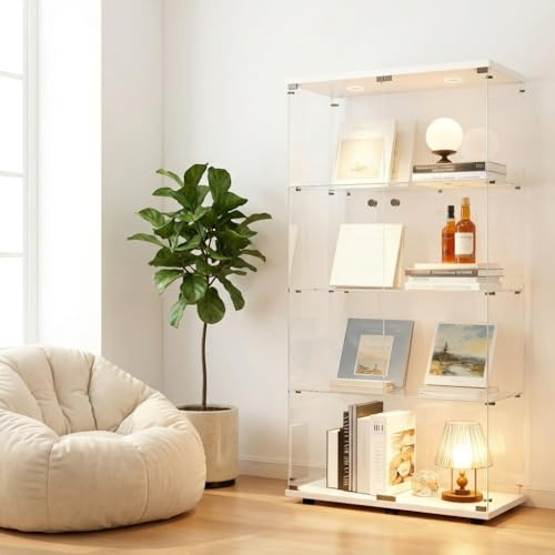Vetrina in vetro con LED, 80,6 x 36,5 x 164,5 cm, a 4 piani con porte doppie, vetrina da collezione, con serratura, per soggiorno, ufficio, sala da pranzo e camera da letto, vetrina in vetro (bianco)