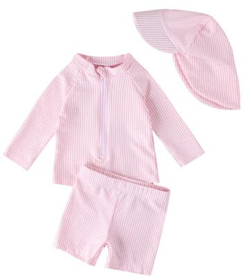 JiAmy Badeanzug Mädchen Baby Kleinkinder UV Kleidung Kinder Schutz Einteiliger Schwimmanzug Bademode Badebekleidung Schutzkleidung mit Sonnenhut Rosa 1-2 Jahre