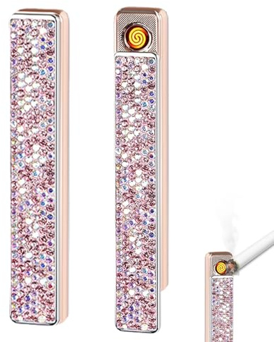 2 Stück Elektrisches Feuerzeug Diamantbesetztes, Sturmfeuerzeuge Elektrisch Lighter mit USB Anschluss, Wiederaufladbar Zigarettenetui Glitzer Flammenloses Feuerzeug Personalisiert für Damen Geschenk