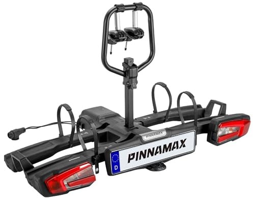 PINNAMAX EBike Portabicicletas para 2 bicicletas, soporte trasero plegable y inclinable para acoplamiento de remolque de hasta 60 kg, portabicicletas con antirrobo, luz trasera y soporte de matrícula