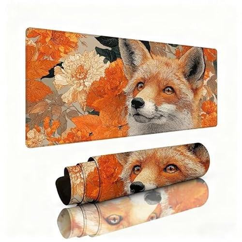 Mauspad Gebranntes Orange Schreibtischunterlage Fuchs Gaming Mousepad XXL 700x300x3mm, Nahtdesign mit Rutschfester Gummibasis Unterlage Schreibtisch, Wasserdicht und Langlebig für PC Laptop W1-177