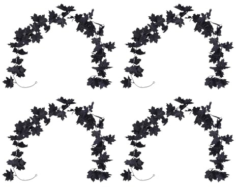 4 Stück Herbstdekoration, Schwarze Girlande, hängende künstliche Herbst-Ahornblatt-Girlande, Herbstdekoration, Schwarze Ahornblatt-Ranke für Zuhause, Party, Kamin, Hochzeit, Deko