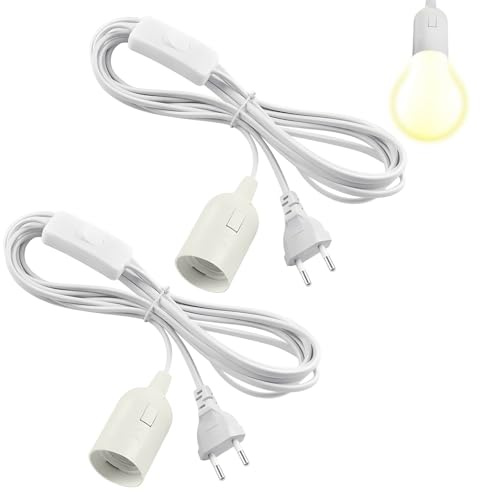 XMDROU 2 Stück E27 Lampenfassung mit Kabel, Schalter und EU Stecker, Weiß | 1,8M Netzkabel, Pendelleuchte DIY, Steckdosenadapter, Lampenaufhängung Pendelleuchte, Küche & Wohnzimmer