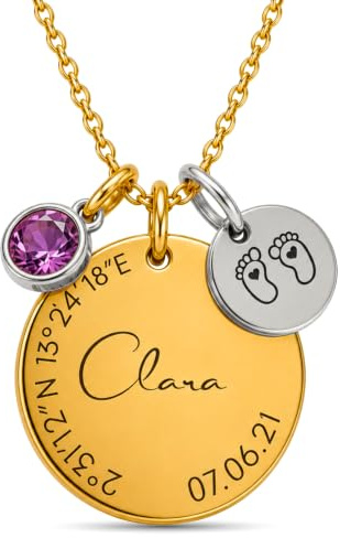 BS Schmuckdesign Namenskette Damen personalisierte Kette mit Gravur | Taufkette mit Name, Datum & Koordinaten, Geburtsstein & Symbol, Wunschgravur hinten, Geschenk