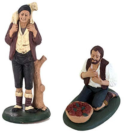 2er Set Figuren Krippenfiguren Terrakotta Hirte mit Lamm + kniender Bauernhof, Krippenfiguren aus Keramik von Caltagirone