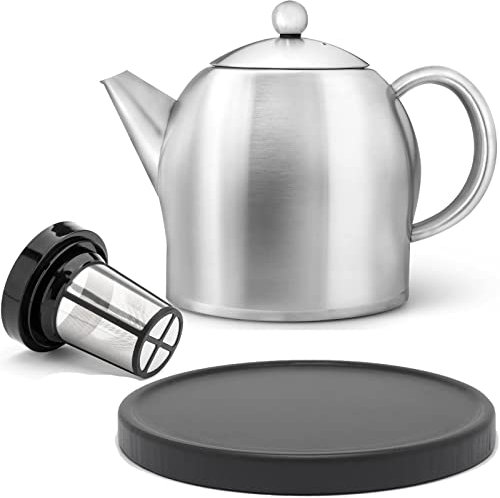 große matte Edelstahl Teekanne 1.4 Liter & schwarzer Untersetzer aus Holz & Edelstahl Tee-Filter-Sieb-Aufsatz für losen Tee oder Teebeutel