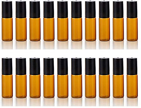 Elfenstall- 20PCS 5ml Amber Glass Roller Bottles Roll On Bottle Container with Metal Ball for Essential Oil Aromatherapy Perfumes and Lip Balms - Free 3ML Dropper…
