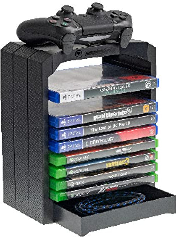 snakebyte GAMES TOWER - Aufbewahrung für 10x PS4, PS5, oder Xbox Games, Discs & Blu-Rays, Ablage für Controller, Fach für Zubehör & Kabel, kompatibel mit PlayStation 4/5 & Xbox, 5 Jahre Garantie