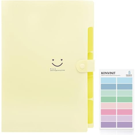 KONVINIT Document Organizer, Dokumentenmappe a4 Mappe mit Fächern Fächermappe 5 Tasche Familien Organizer Mappe Schulmaterial Mappen Ordnersystem Schnellhefter a4 Plastik Stabil,gelb