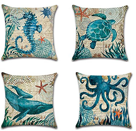 Daysskk Kissenbezüge 45X45 cm Dekorativ Kissenbezüge Maritim 4er Set Dekokissen Outdoor Leinen Deco Kissenhülle für Bedroom Wohnzimmer Sofa Reißverschluss