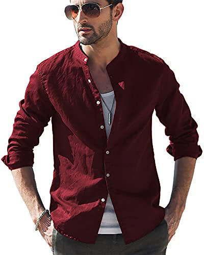 LVCBL Men's Casual Shirt with V-Neck Long Sleeve Shirt with Buttons Wine Red L