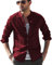 LVCBL Men's Casual Shirt with V-Neck Long Sleeve Shirt with Buttons Wine Red L