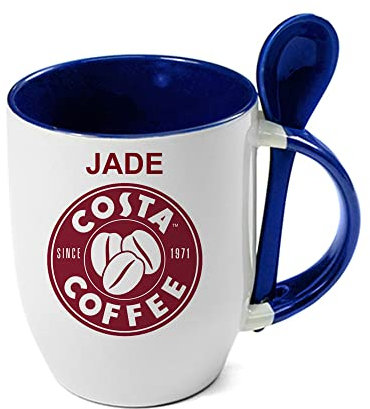 Giftme Personalised with Any Name Costa Unique Spoon Ceramic Mug Coffee Tea Mug. (Blue Spoon)