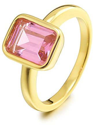 Rizilia CELEBOX Anello Di Fidanzamento Solitario con Gemme Taglio Smeraldo CZ [Simulata Zaffiro Rosa] in Placcato in Oro Giallo, Celebrità Ispirata ad Angelina Jolie