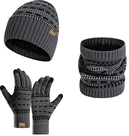 INSISMY Mütze Schal Handschuhe Set für Herren Strick Wintermütze Herren Touchscreen Handschuhe und Halswärmer mit Warmes Fleecefutter