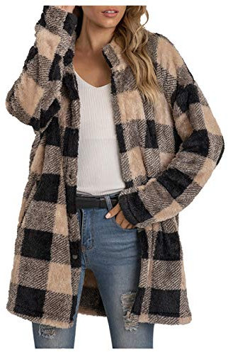 DeaAmyGline Fleecejacke Damen Lang Karierte Winter Jacke Mantel Parka Cardigan Plüschjacke Plüschmantel Wintermantel Winterjacke Fleece Jacken Damenjacken Teddyjacke für Frauen