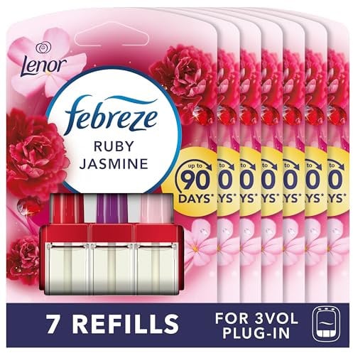 Febreze 3Volution Plug-In Air Freshener Refill, Ruby Jasmine, 7 Refills (20ML x 7), Odour Fighter & Bathroom Freshener