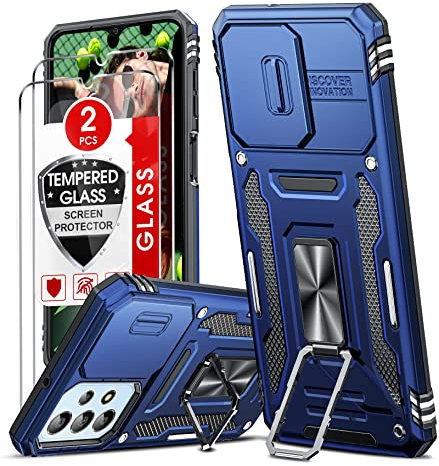LeYi Objektivschutz für Samsung Galaxy A23 5G Hülle Ringhalterung Handyhülle & Schutzglas Folie*2, Hybrid Kammeraabdeckung Schutzhülle Outdoor Kratzfest Case Metallständer Halter Handy Hüllen Blau