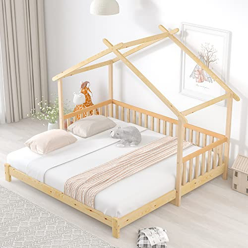 Erweiterbares Baumhausbett, Hausbett, Kinderbett, Tagesbett, Einzel- und Doppelbett, reines Massivholz, Natur (200x90cm)