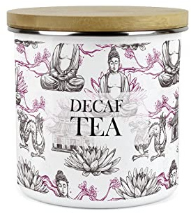 Purely Home Asian Scenes Decaf Tea Canister - White Metal Enamel Kitchen Food Storage Container