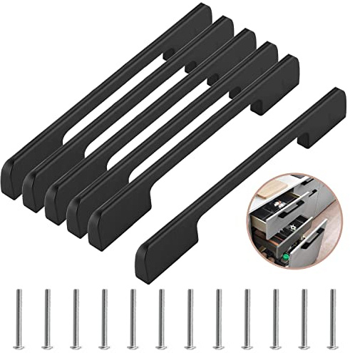 Lxoraziy 6 Pack Kitchen Door Handles, 224mm Hole Centre Flat Black Cabinet Handles, Aluminum Alloy Furniture Drawer Pulls (Screws Included)