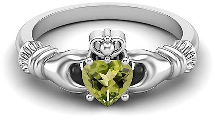 MOONEYE Irischer Claddagh 5 mm Herzform Peridot Edelstein 925 Sterling Silber Solitär Damen Ehering Sterling Silber, 64