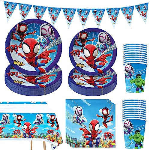 Antsparty 82Pcs Superhero Party Tableware Decorations for Kids Birthday, Paper Plates Napkins Cups Tablecloth Set, Kids Boys Spider Themed Birthday Party Supplies