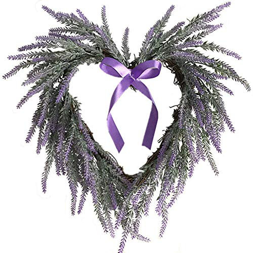ZHDOKA Artificial Lavender Flower Wreath, Heart Shape Lavender Front Door Wreath Spring Summer Faux Lavender Floral Wreath Springtime Welcome Wreath for Wall Wedding Party Home Decor(Purple)