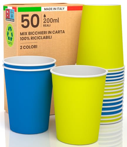 50 Bicchieri in Carta 200ml Mix Star Ecologici Biodegradabili Monouso Made in Italy Asporto Bevande Calde Acqua - MIX di Colori Giallo Blu- Prodotto e Confezionato in Italia