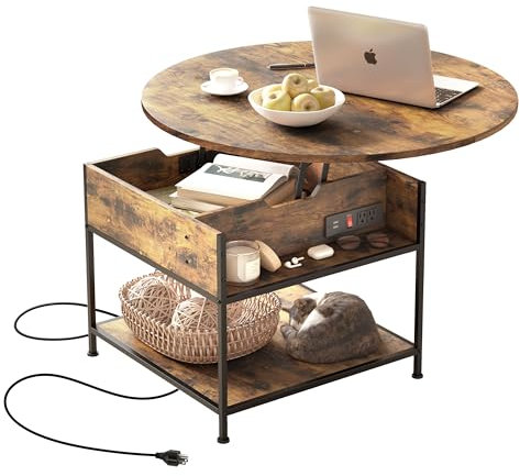 Muzerdo Round Lift Top Coffee Table with Living Room with Hidden Storage Compartment for Home Office Living Room (Rustic Brown)